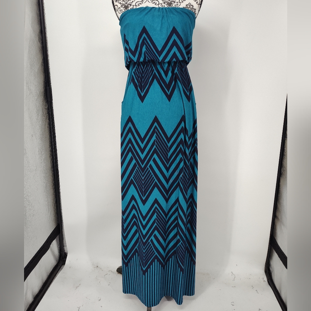 Trixxi Strapless Teal and Navy Chevron Maxi Dress Size Women's Small